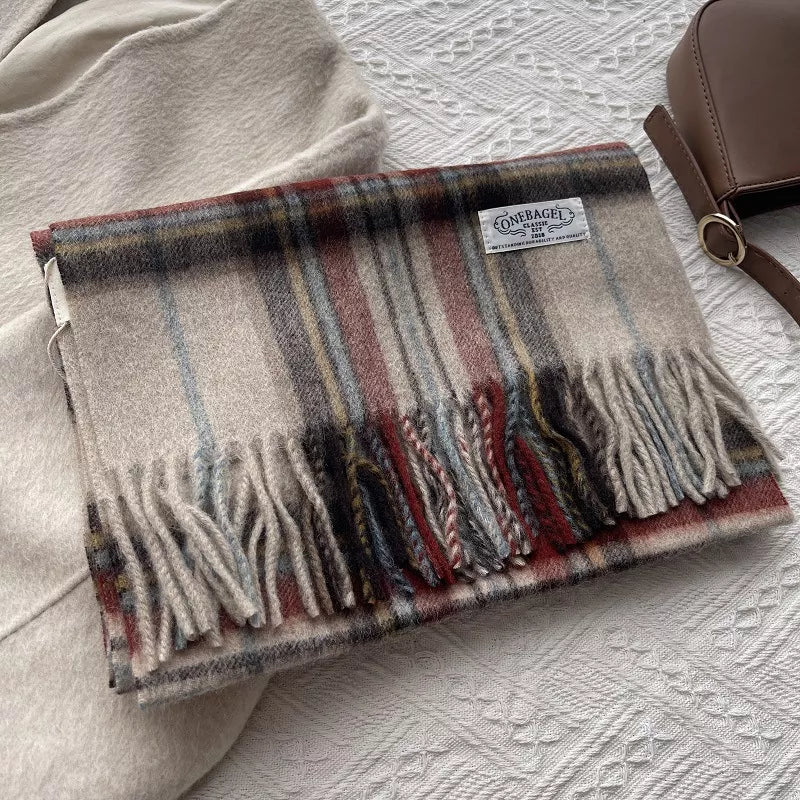 Wool Plaid Tassel Scarf - Khaki - View 3