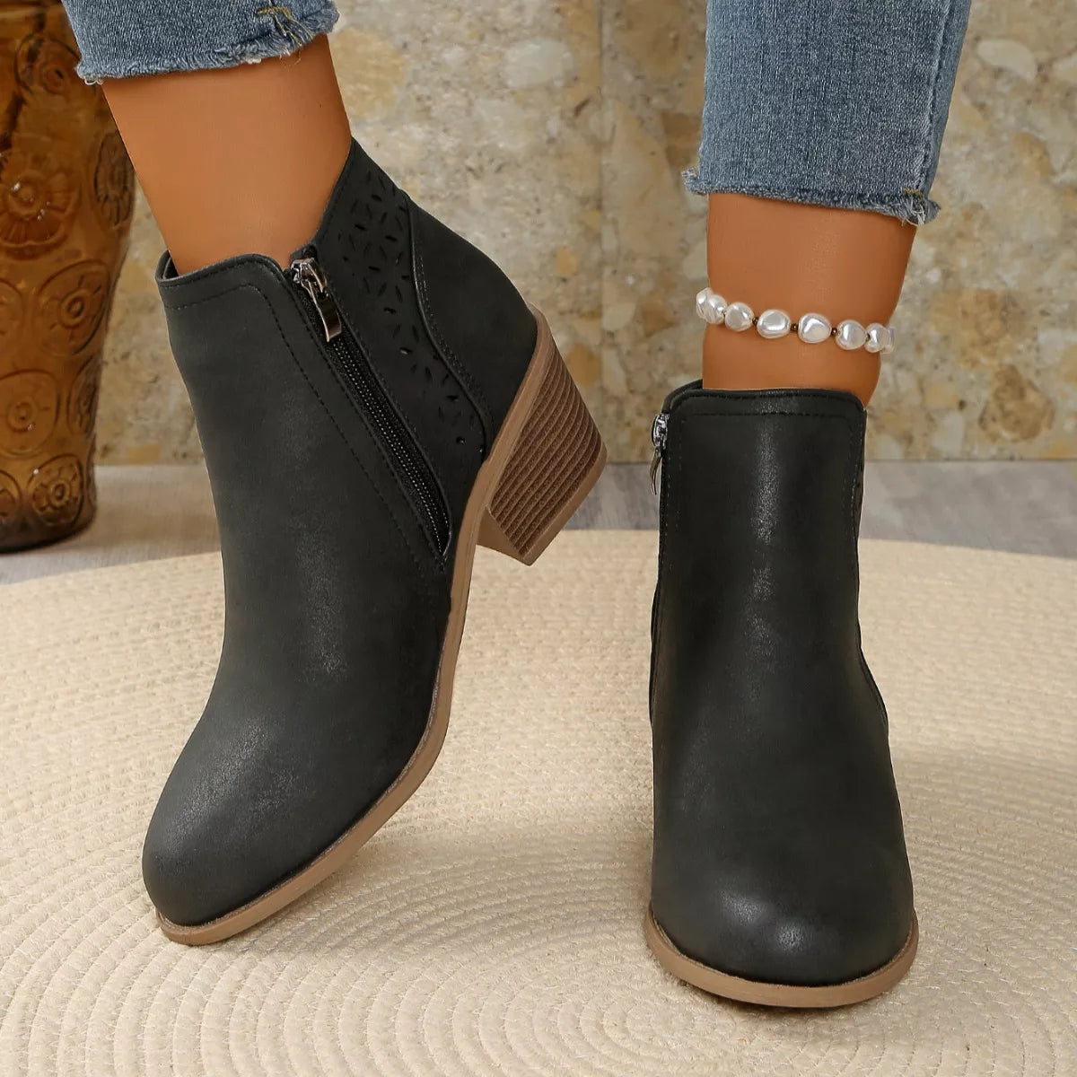 Point Toe Block Heels Boots - Black - View 6