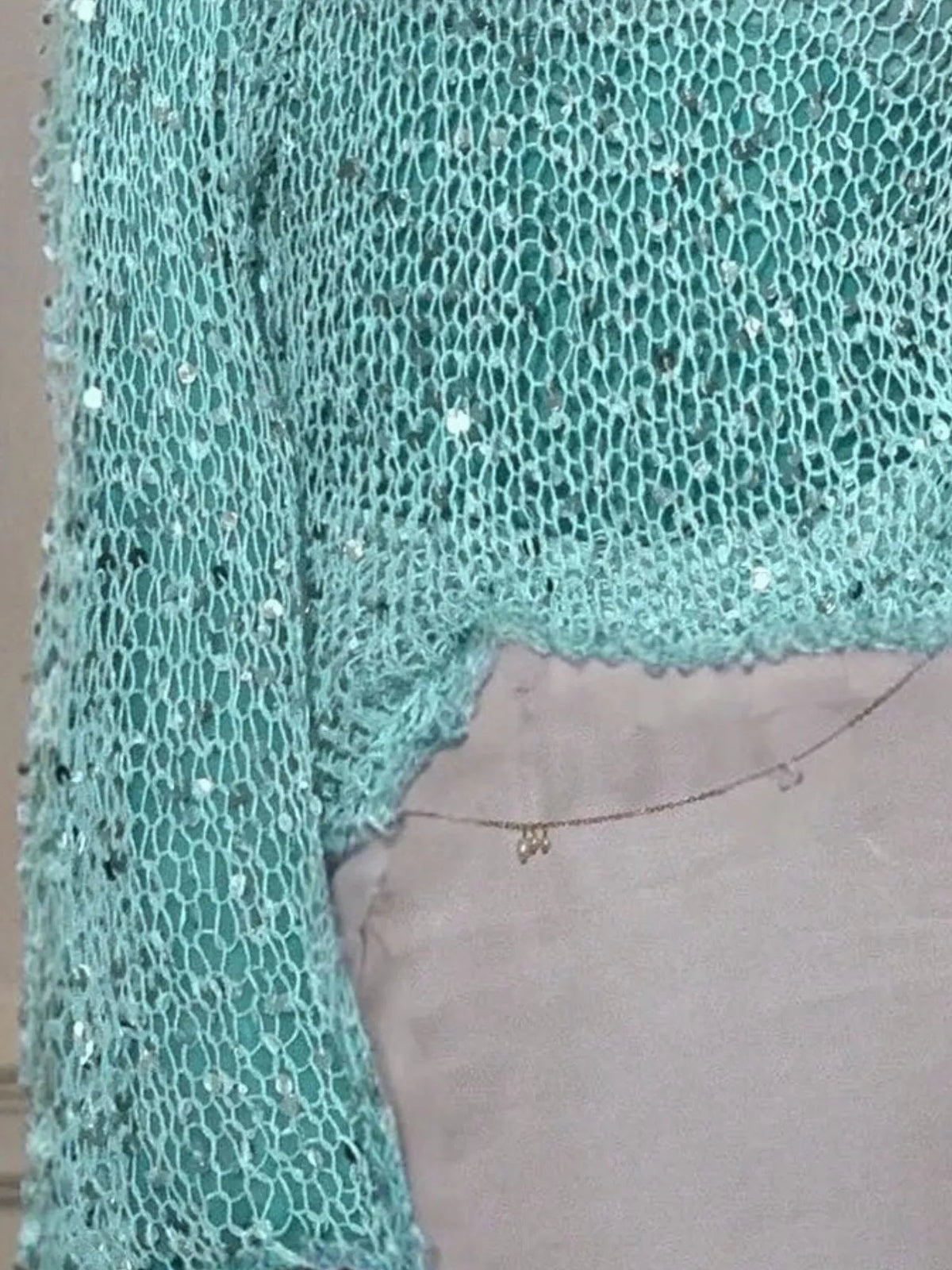 Sequin Long Sleeve Knit Cover Up - Turquoise - View 2