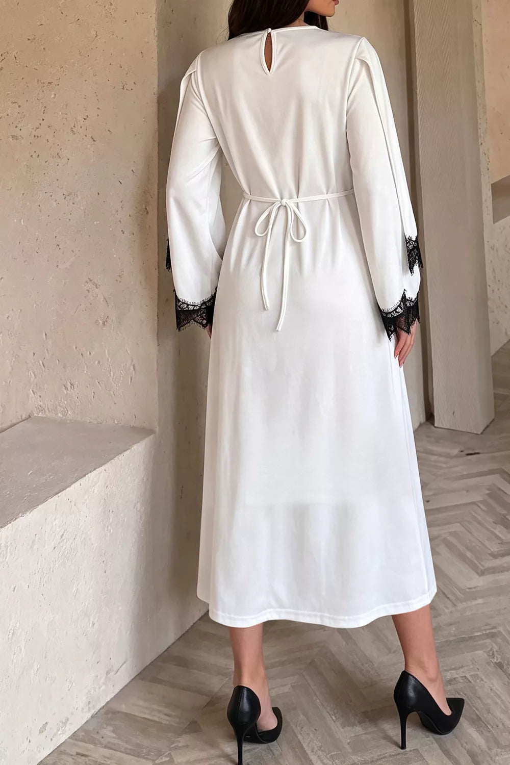 Lace Trim Round Neck Midi Dress - White - View 2
