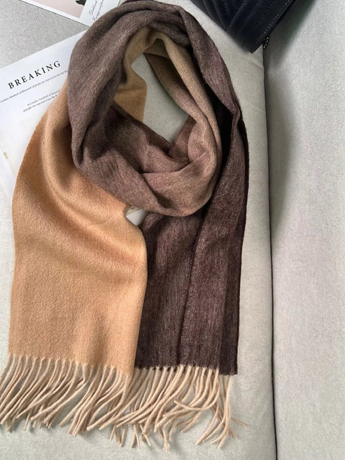 Color Block Fringe Scarf - Brown - View 1