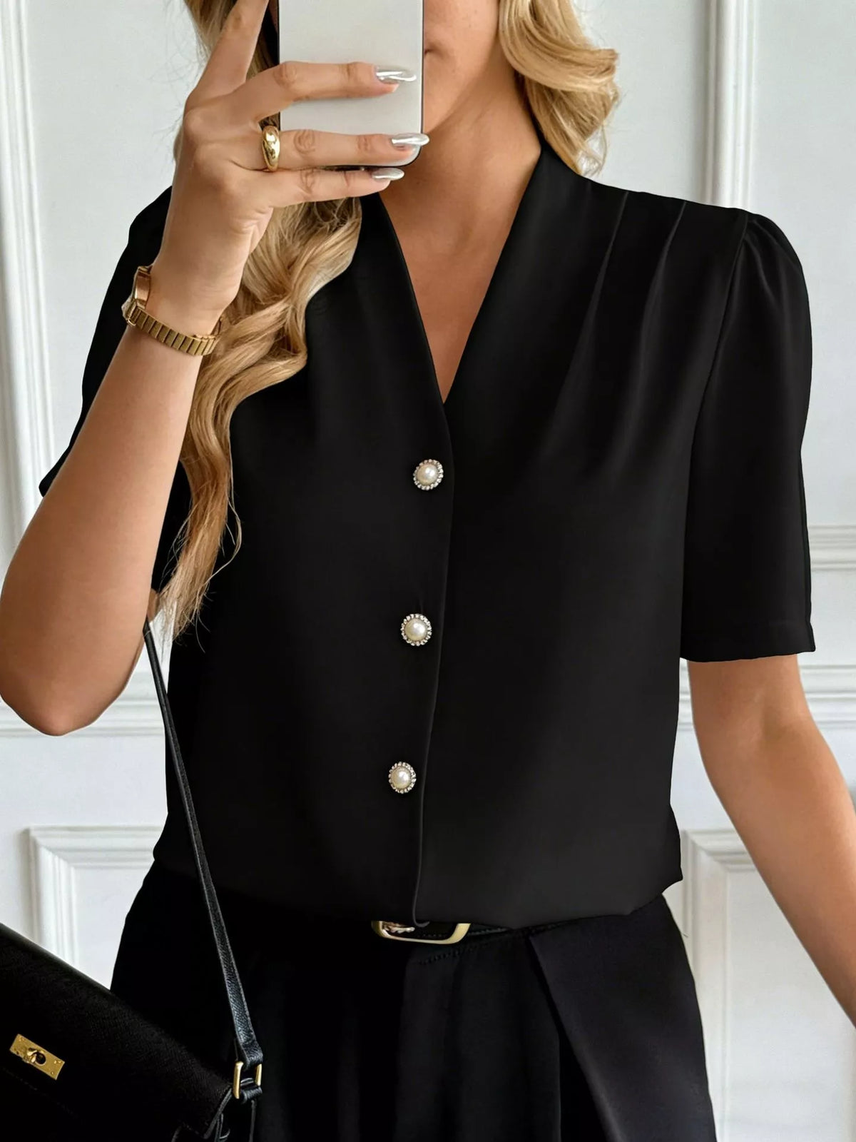 V-Neck Button-Down Shirt - Black - View 14