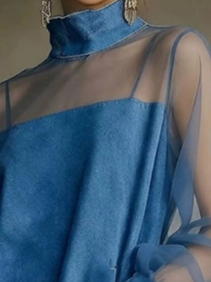 Sheer Mesh Turtleneck Mini Dress - Peacock  Blue - View 3