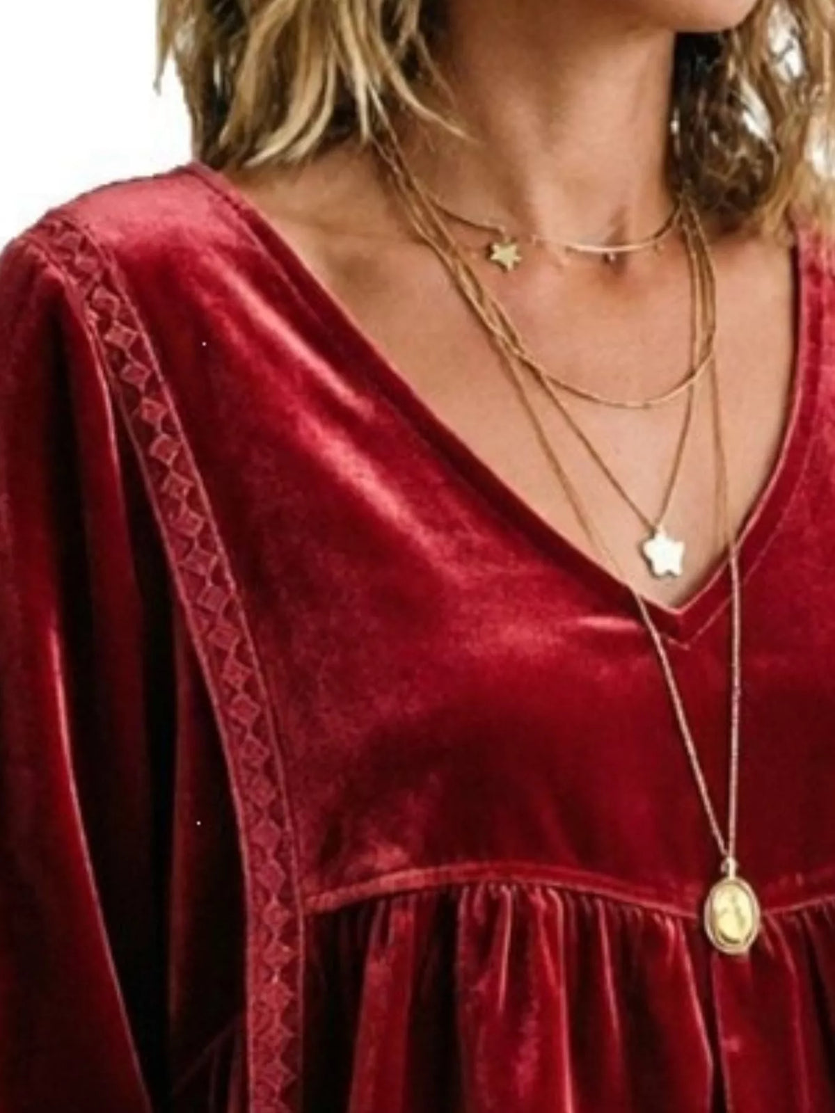 Full Size V-Neck Long Sleeve Velvet Blouse with Lace Trim Plus Size - Burgundy - View 2