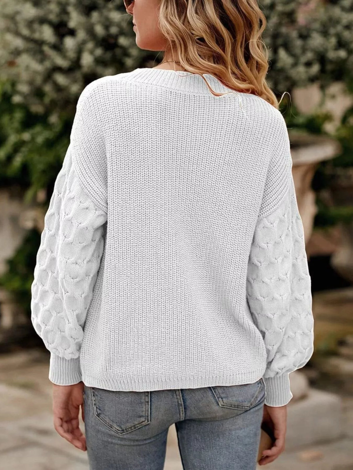 Textured Sleeve Round Neck Sweater - White - View 3
