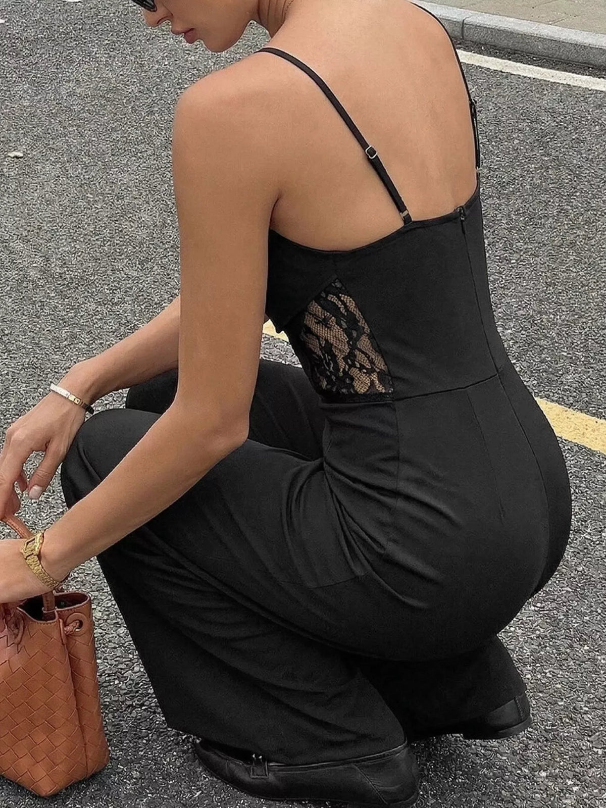 Lace Trim Wide Leg Jumpsuit - Black - View 6