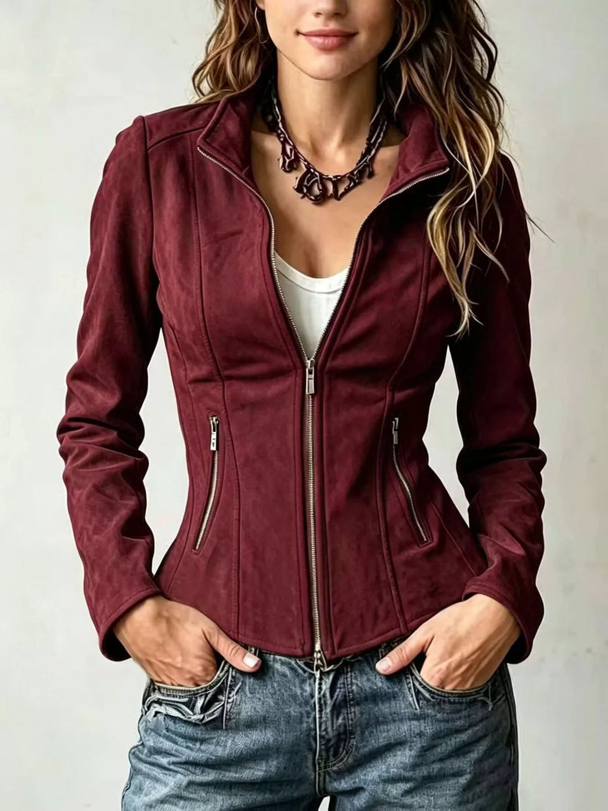 Slim-Fit Zip-Up Jacket - Burgundy - View 1