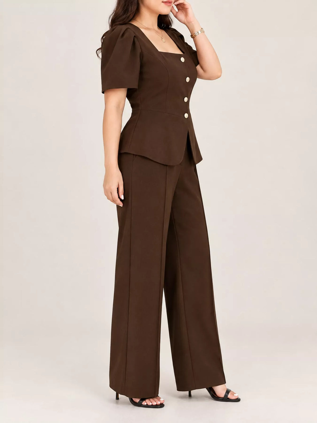 Plus Size Peplum Top and Wide-Leg Pants Two-Piece Set - Brown - View 17
