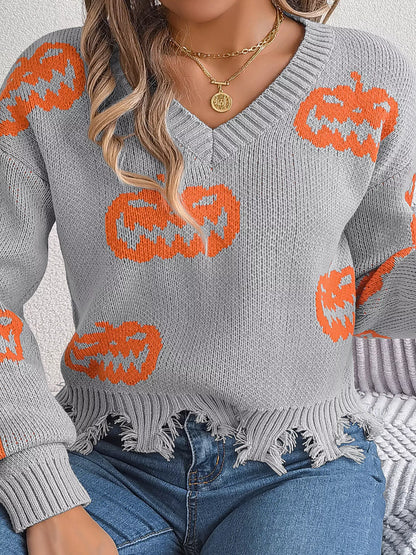 Pumpkin Distressed Hem Sweater - Gray - View 5