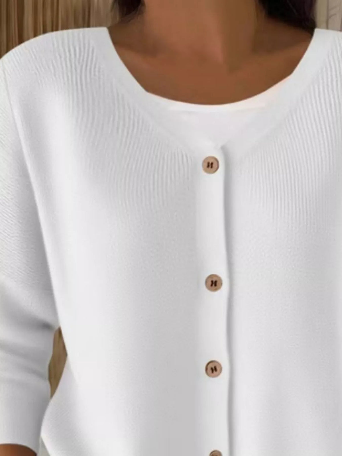 V-Neck Button-Down Ribbed Knit Cardigan - White - View 2
