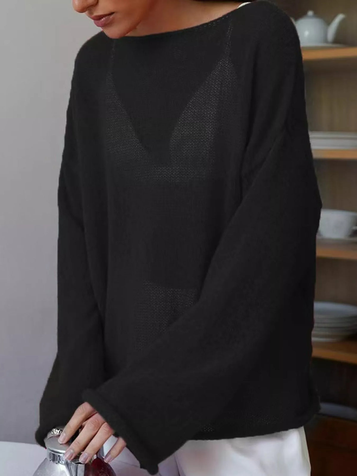 Full Size Sheer Lightweight Knit Top Plus Size - Black - View 36