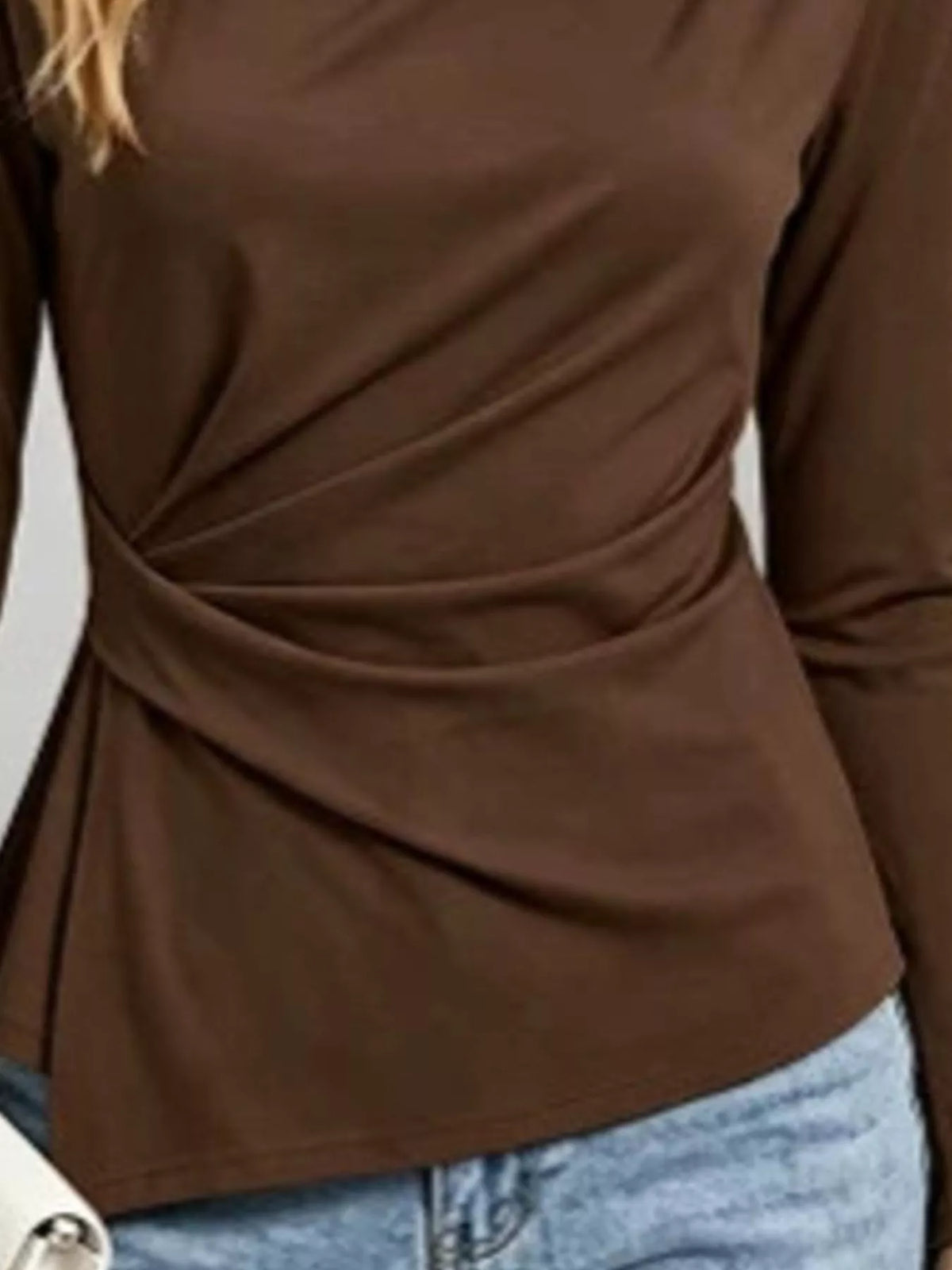 Ruched Waist Long Sleeve T-Shirt - Coffee Brown - View 9