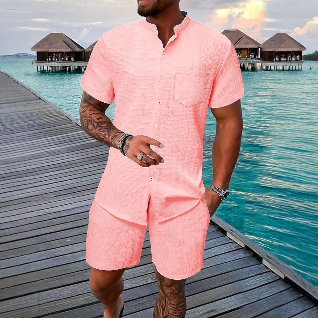 Stand up collar shirt casual short sleeved shorts beach set