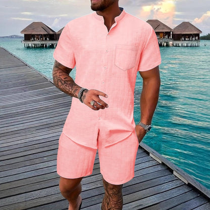 Stand up collar shirt casual short sleeved shorts beach set