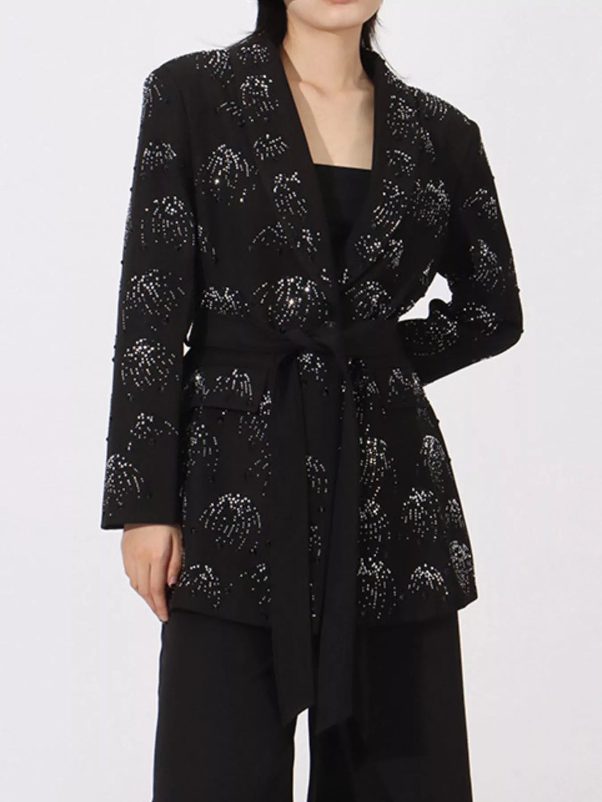 Rhinestone Button Down Long Sleeve Blazer - Black - View 3
