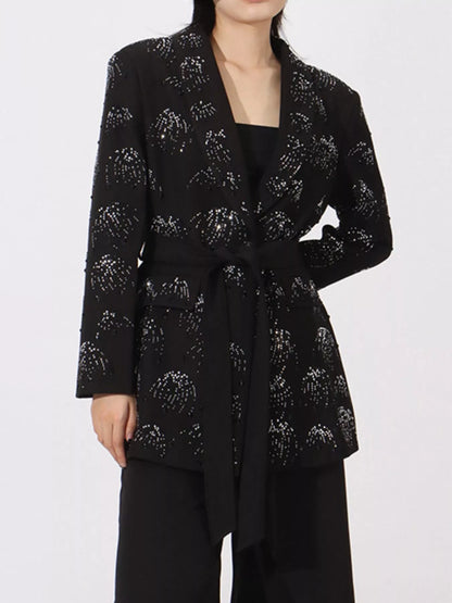 Rhinestone Button Down Long Sleeve Blazer - Black - View 3
