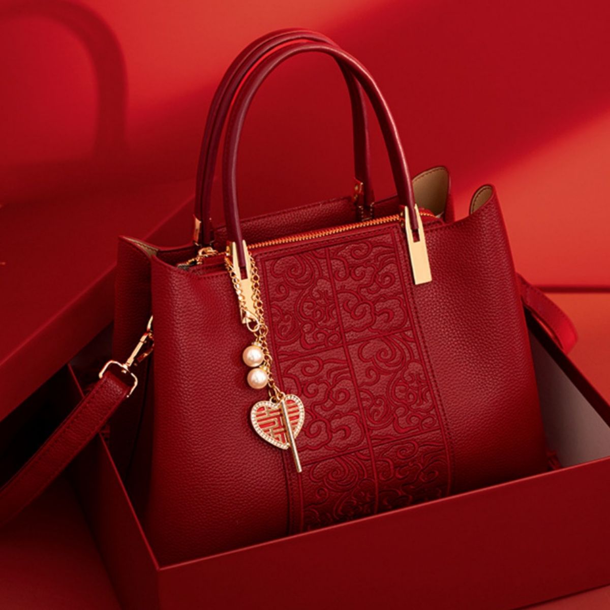 Embossed Leather Top Handle Handbag - Red - View 1