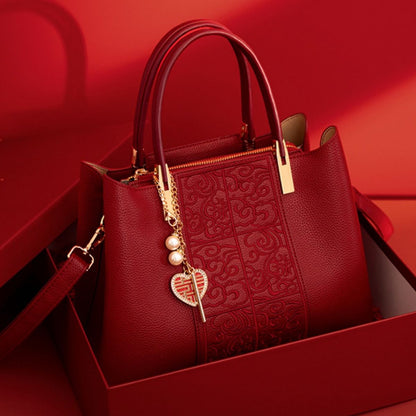 Embossed Leather Top Handle Handbag - Red - View 1