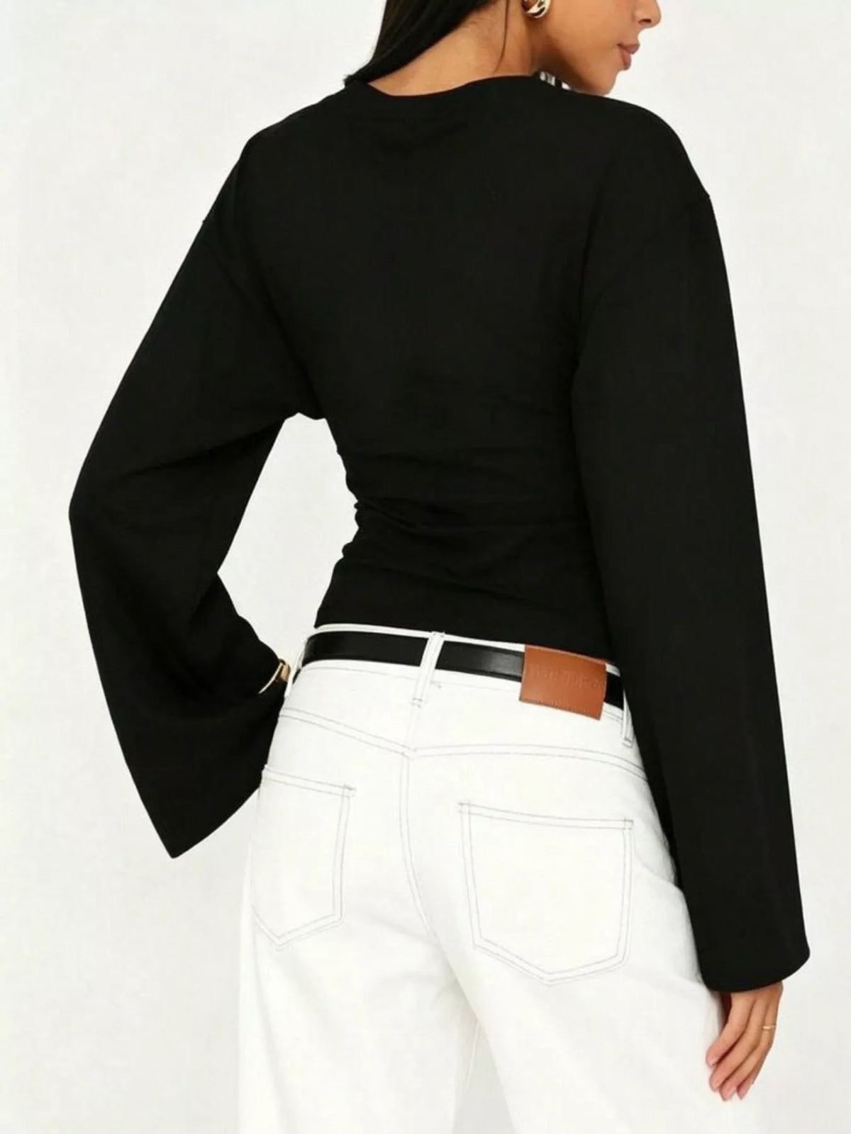 V-Neck Flare Sleeve Blouse - Black - View 5