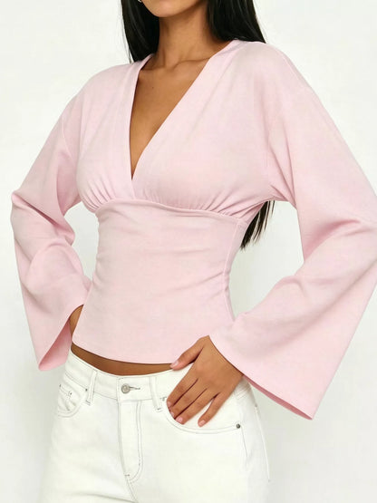 V-Neck Flare Sleeve Blouse - Pink - View 2