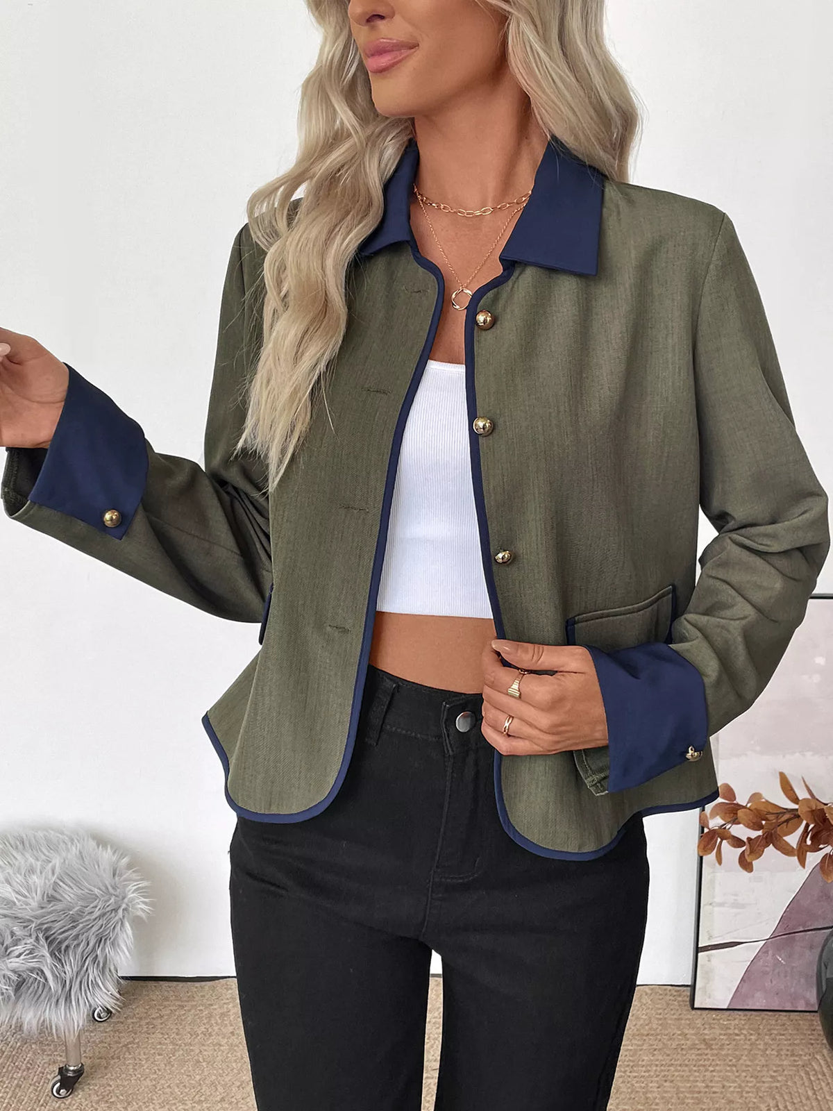 Contrast Trim Button-Up Jacket - Green - View 5