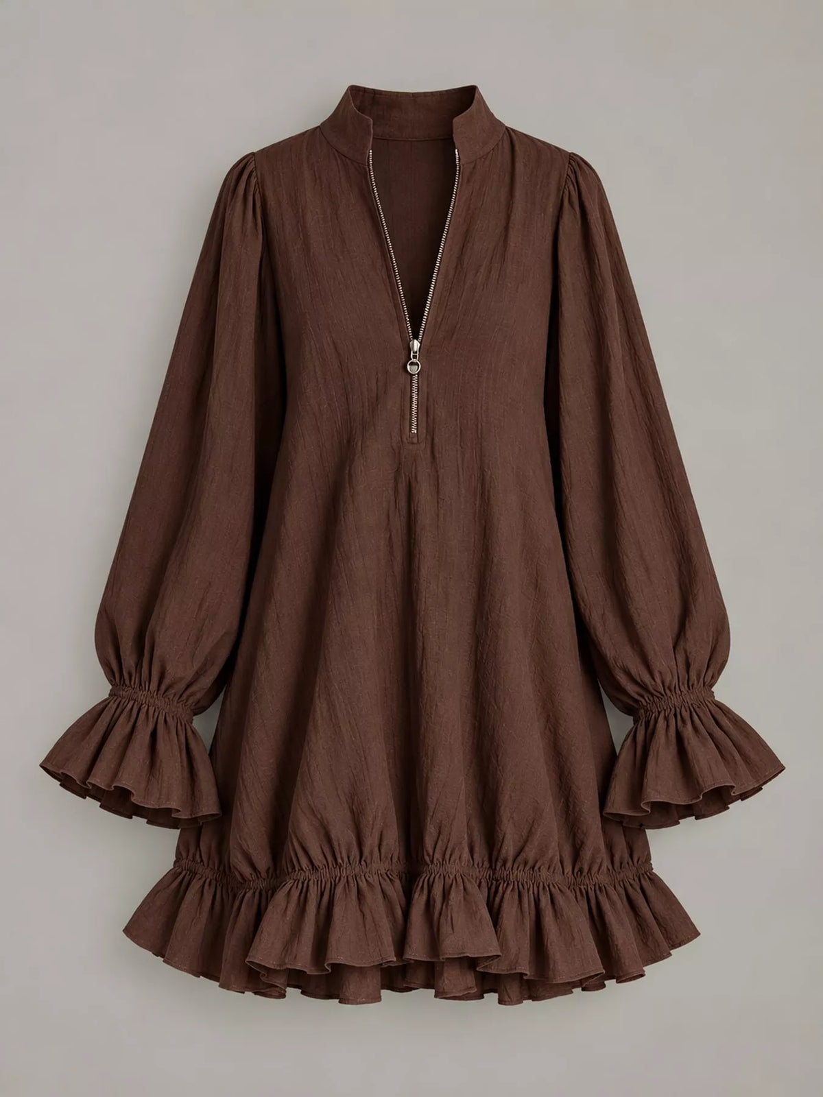 Zipper-Front Ruffle Hem Mini Dress - Brown - View 39