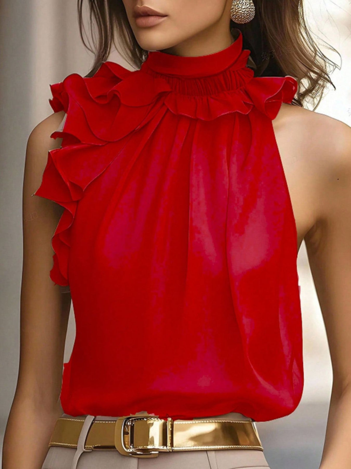 Ruffle High Neck Sleeveless Top - Red - View 13