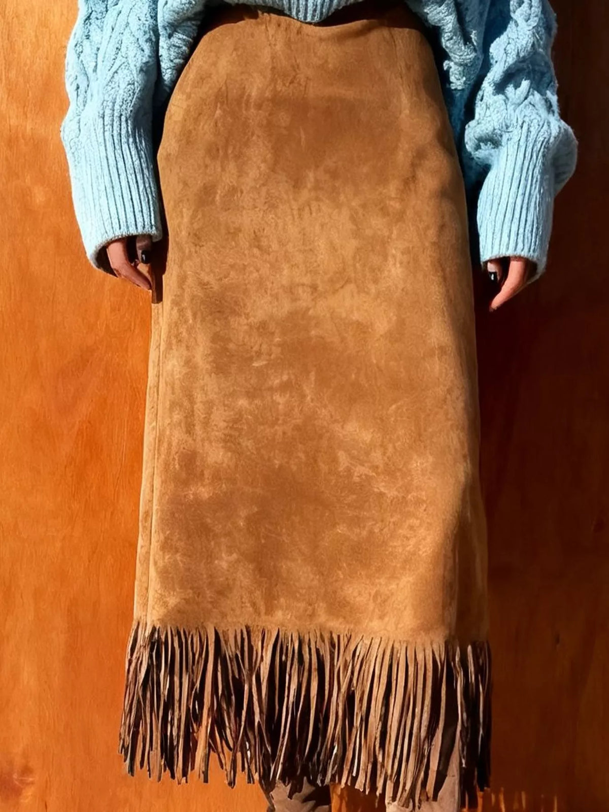 High-Waisted Fringe Midi Skirt - Light Brown - View 3