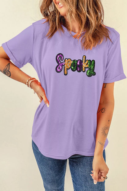 Full Size Spooky Sequin Letter Patched Cotton Blend T Shirt Plus Size - Lavender - View 5