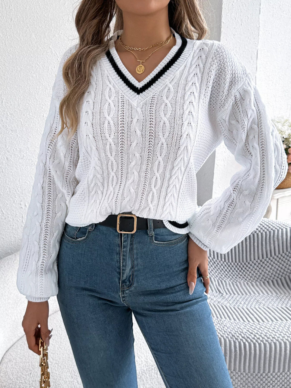 V-Neck Cable Knit Sweater with Striped Trim - White - View 4