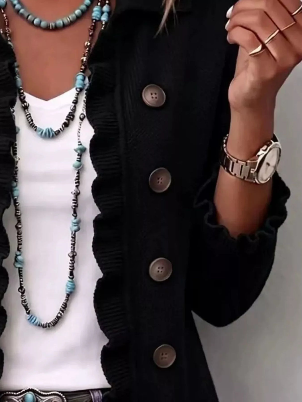 Full Size Ruffled Trim Decorative Button Cardigan Plus Size - Black - View 2