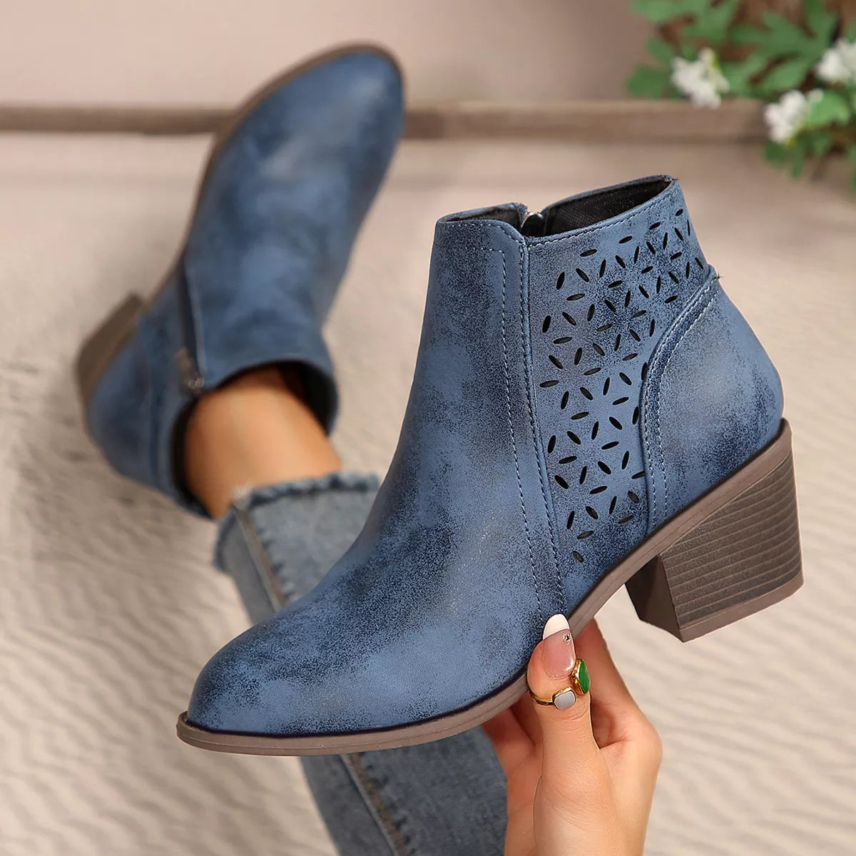 Point Toe Block Heels Boots - Blue - View 7