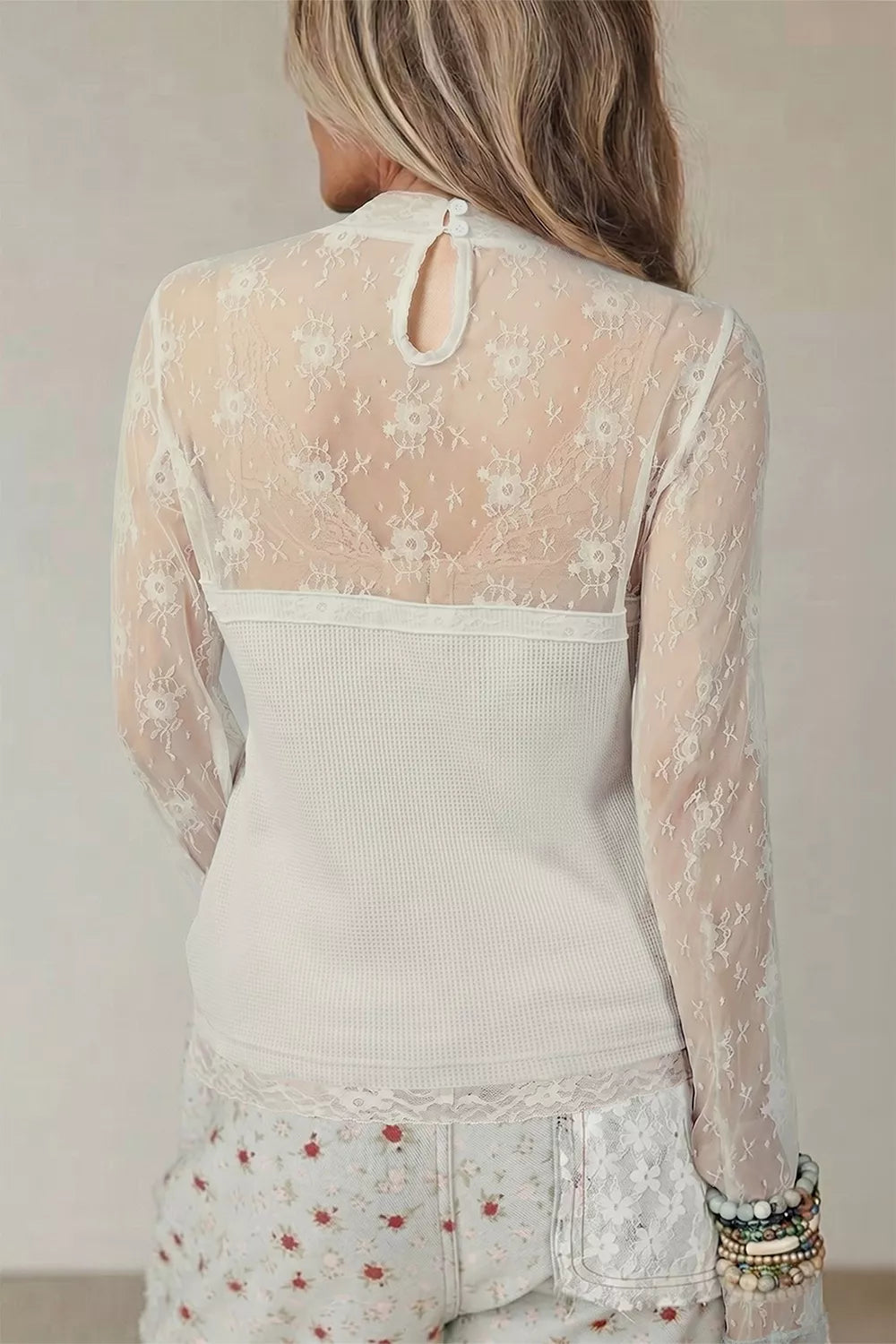 Lace Mesh Long Sleeve Top - White - View 2