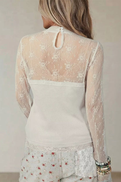 Lace Mesh Long Sleeve Top - White - View 2