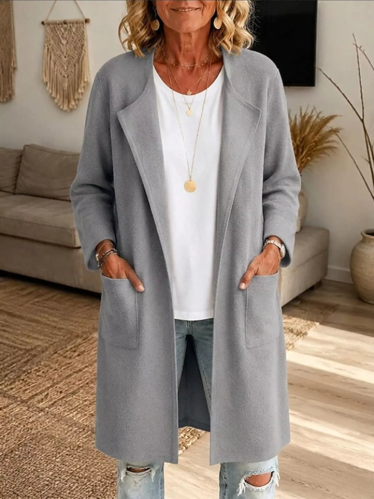 Full Size Open-Front Longline Knit Outerwear Plus Size - Gray - View 7