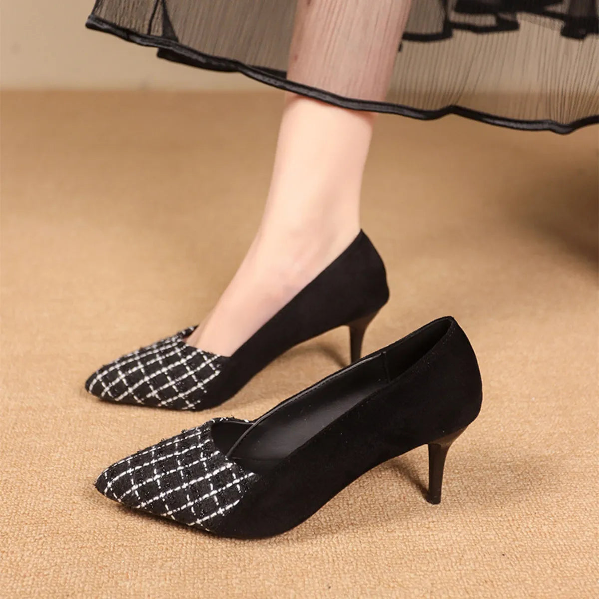 Point Toe Suede Pumps - Black Plaid - View 16