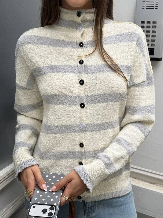 Striped Mock Neck Button-Down Textured Cardigan - Gray And Apricot Stripes - View 1