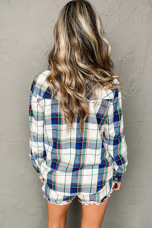 Blue Plaid Print Shirt and Shorts 2Pcs Lounge Set - Blue - 2