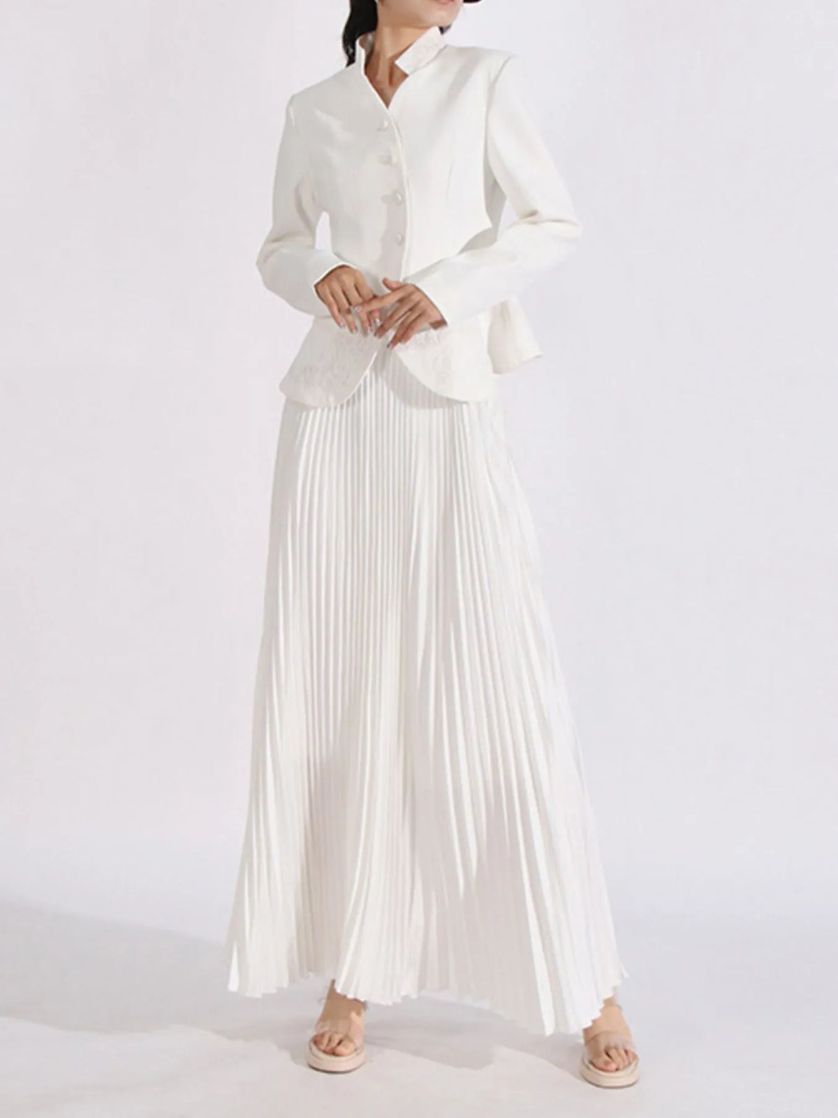 Button Up Long Sleeve Top and Pleated Skirt Set - White - View 9