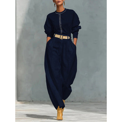 Casual women's two-piece set with loose top and harem wide-leg pants, includes belt
