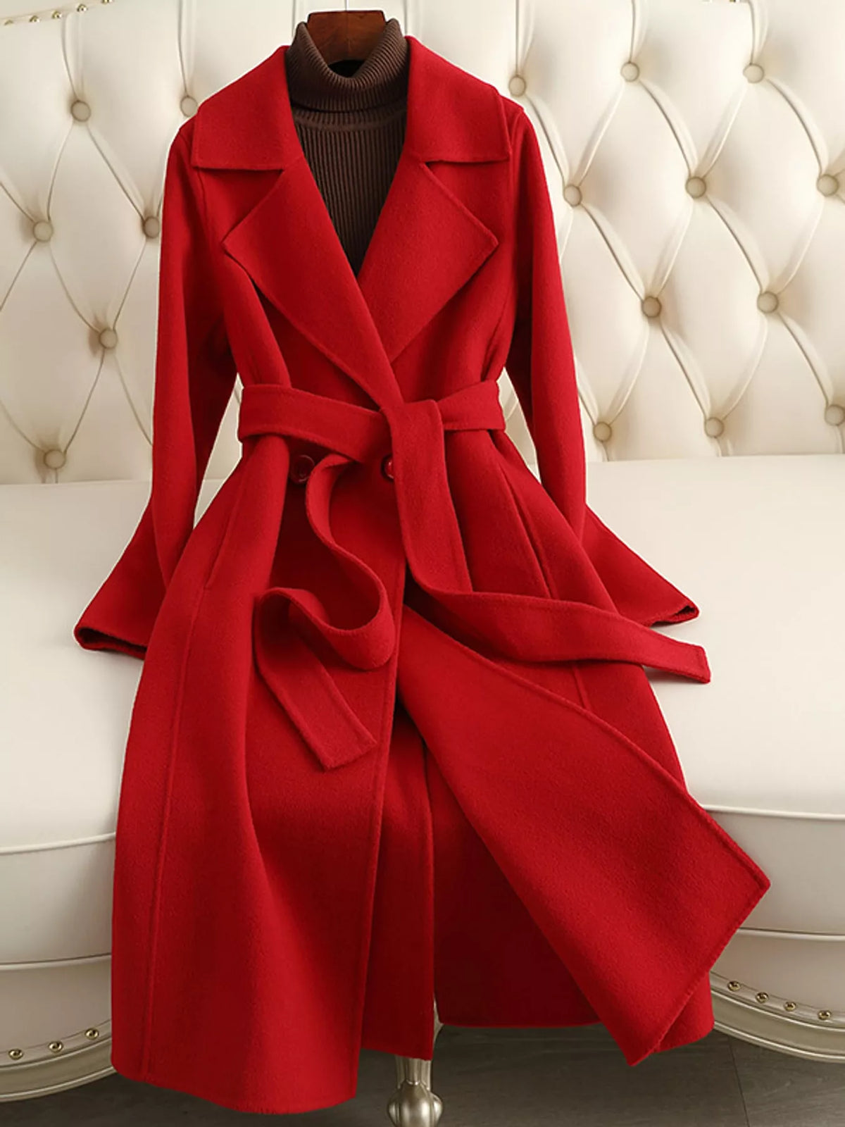 Longline Wool Coat with Waist-Defining Belt - Bright Red - View 9