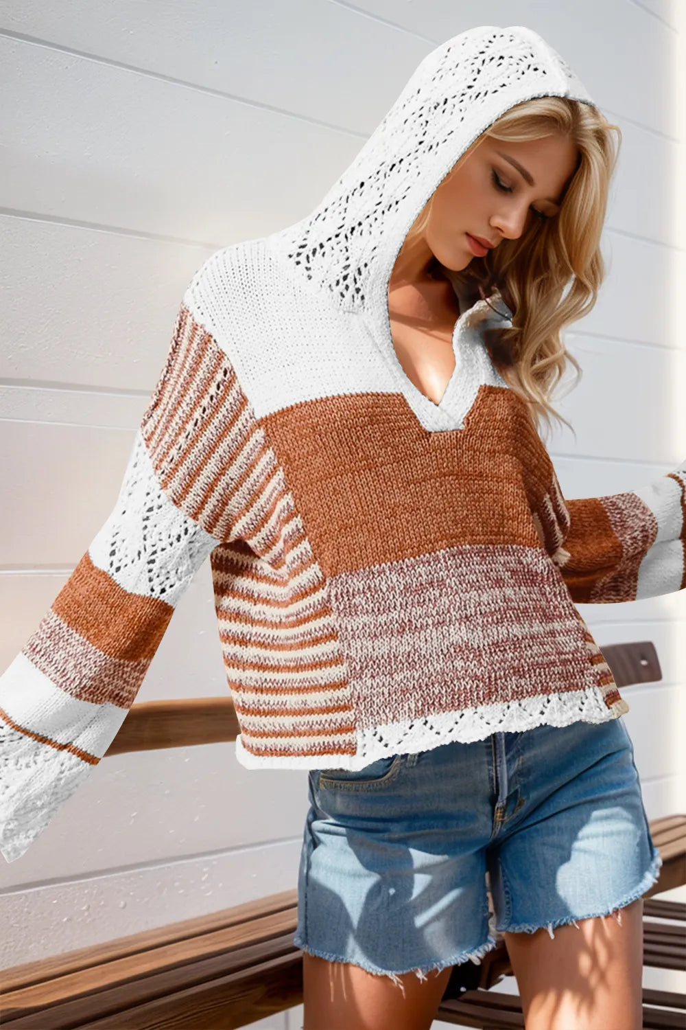 Double Take Full Size Openwork Contrast Long Sleeve Hooded Sweater Plus Size - Camel - View 3
