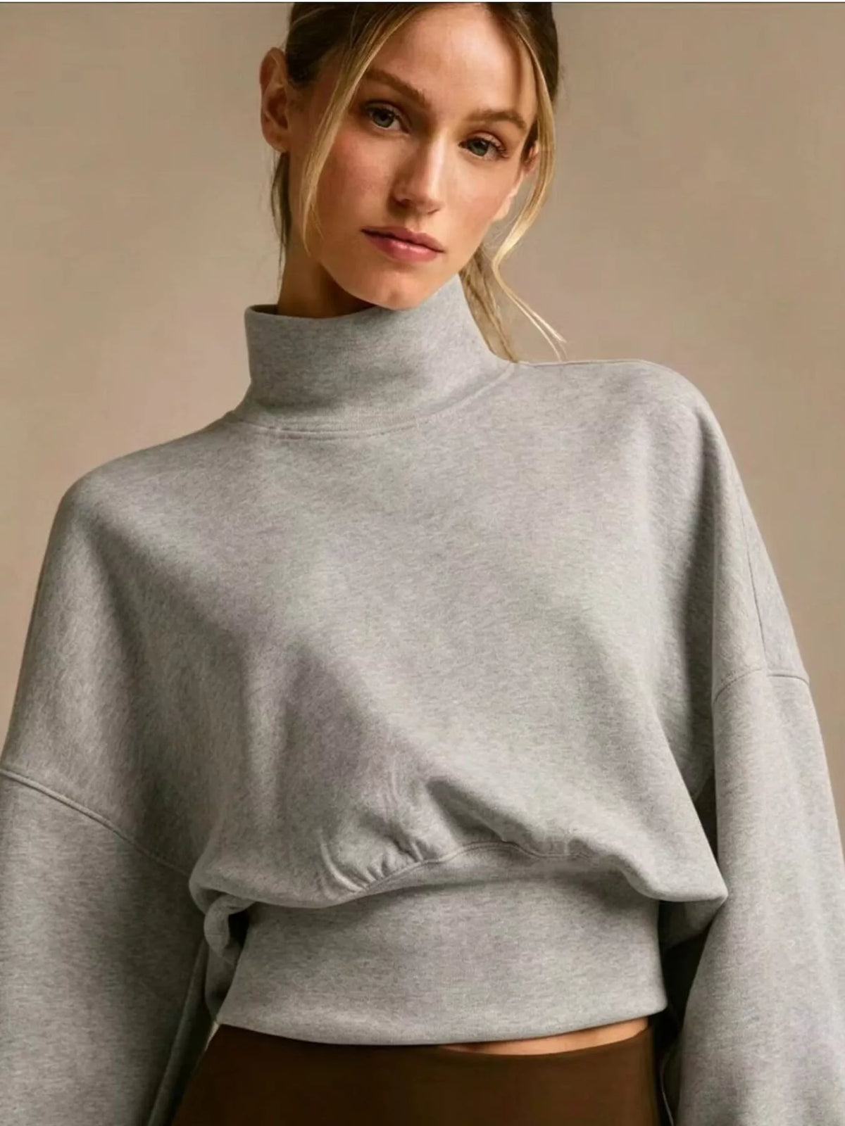 Turtleneck Dropped Shoulder Sweatshirt - Gray - View 2