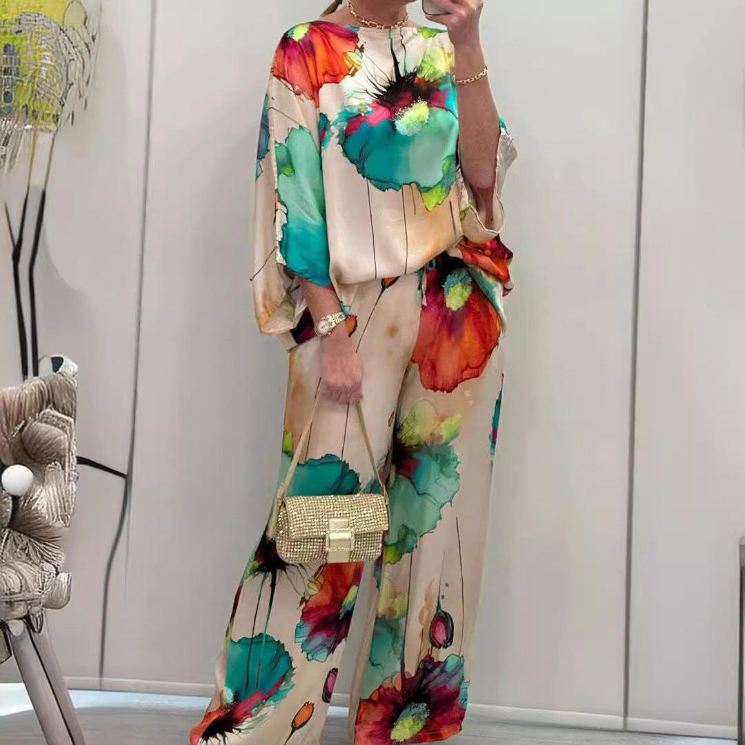 Elegant Satin Off-Shoulder Loose Printed Batwing Sleeve Drawstring Pants