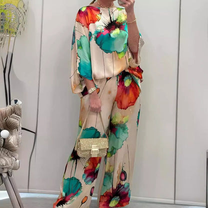 Elegant Satin Off-Shoulder Loose Printed Batwing Sleeve Drawstring Pants