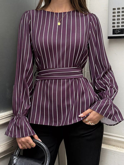 Striped Flounce Sleeves Blouse - Purple - View 1