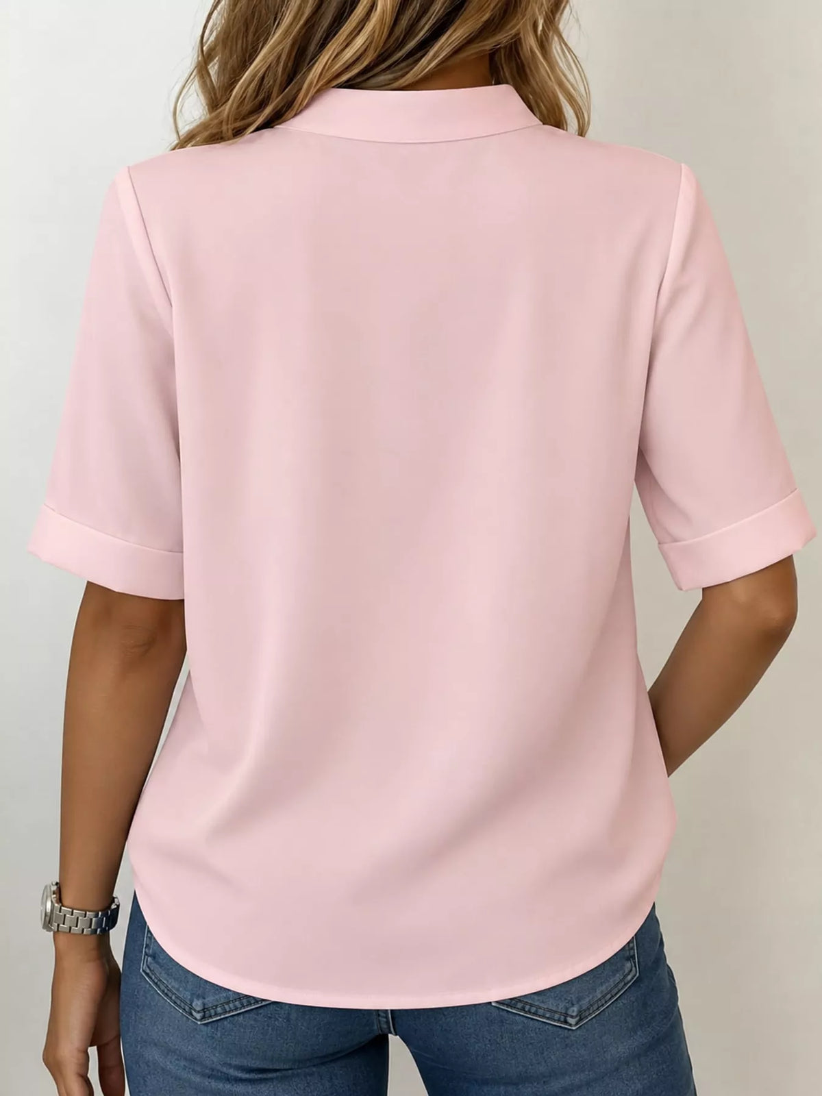 Full Size Notched Short Sleeve Blouse Plus Size - Pink - View 19