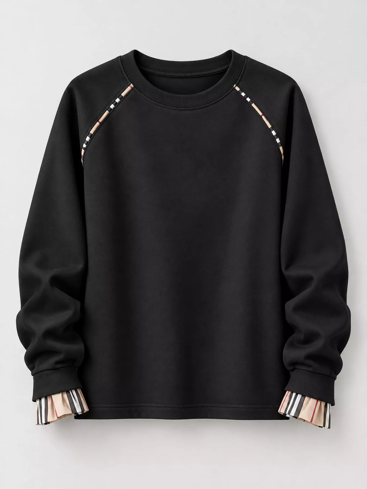 Plaid-Trimmed Crew Neck Sweatshirt - Black-Plain - View 17