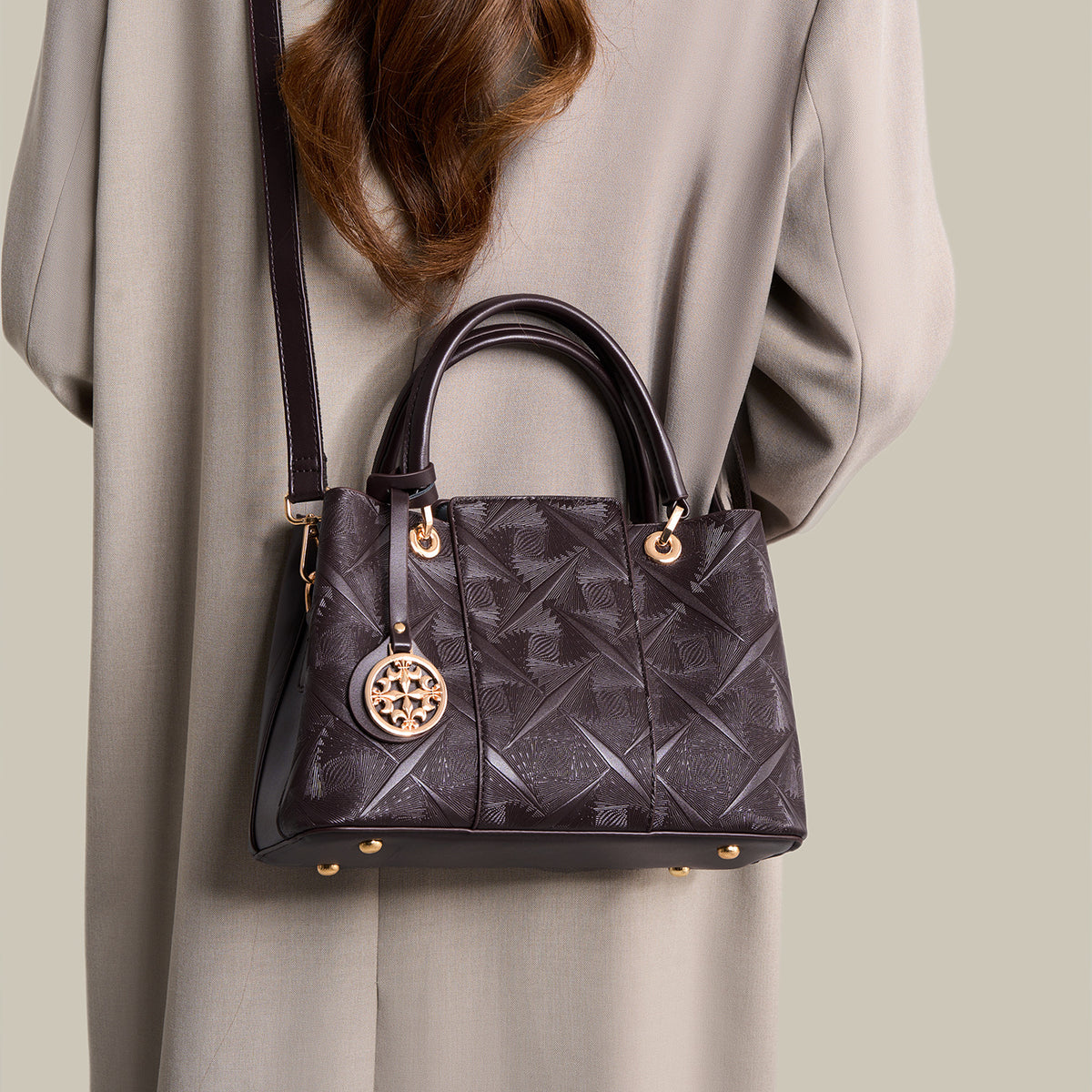 Embossed Pattern Leather Top Handle Handbag - Olive Brown - View 2