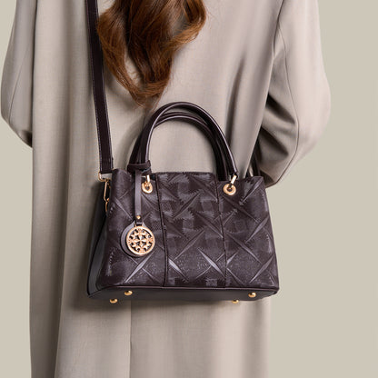 Embossed Pattern Leather Top Handle Handbag - Olive Brown - View 2